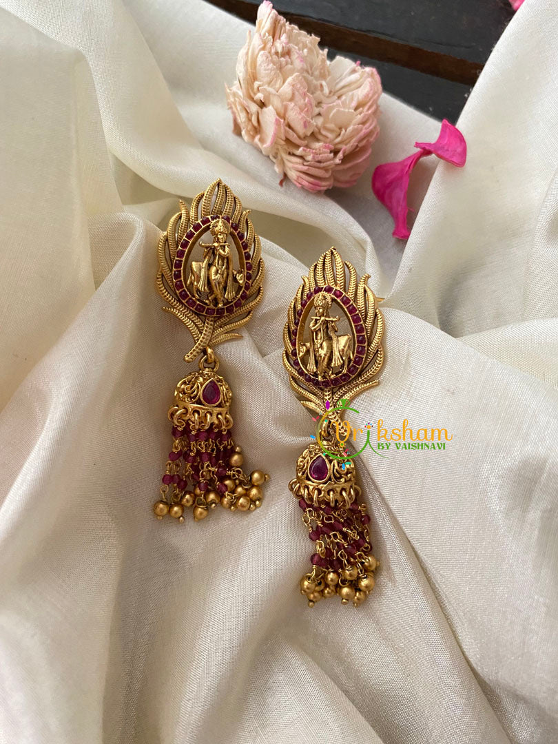 Precious Kemp Krishna Temple Jhumkas-Red -G4412