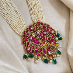 Multilayered White Bead Jadau Kundan Pendant Mala -J1660