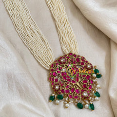 Multilayered White Bead Jadau Kundan Pendant Mala -J1660