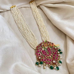 Multilayered White Bead Jadau Kundan Pendant Mala -J1660