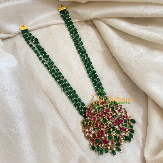 Dark Green Bead Jadau Kundan Pendant Mala -J1661