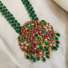 Dark Green Bead Jadau Kundan Pendant Mala -J1661