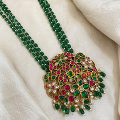 Dark Green Bead Jadau Kundan Pendant Mala -J1661