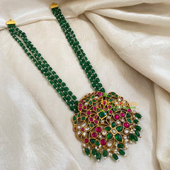 Dark Green Bead Jadau Kundan Pendant Mala -J1661