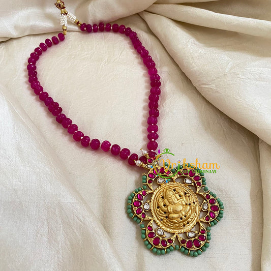 Single Strand Maroon Bead Jadau Kundan Pendant Mala -Ganesh-J1662