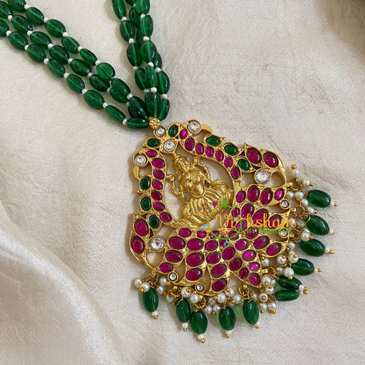 Dark Green Bead Jadau Kundan Pendant Mala -Lakshmi-J1663