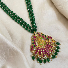 Dark Green Bead Jadau Kundan Pendant Mala -Lakshmi-J1663