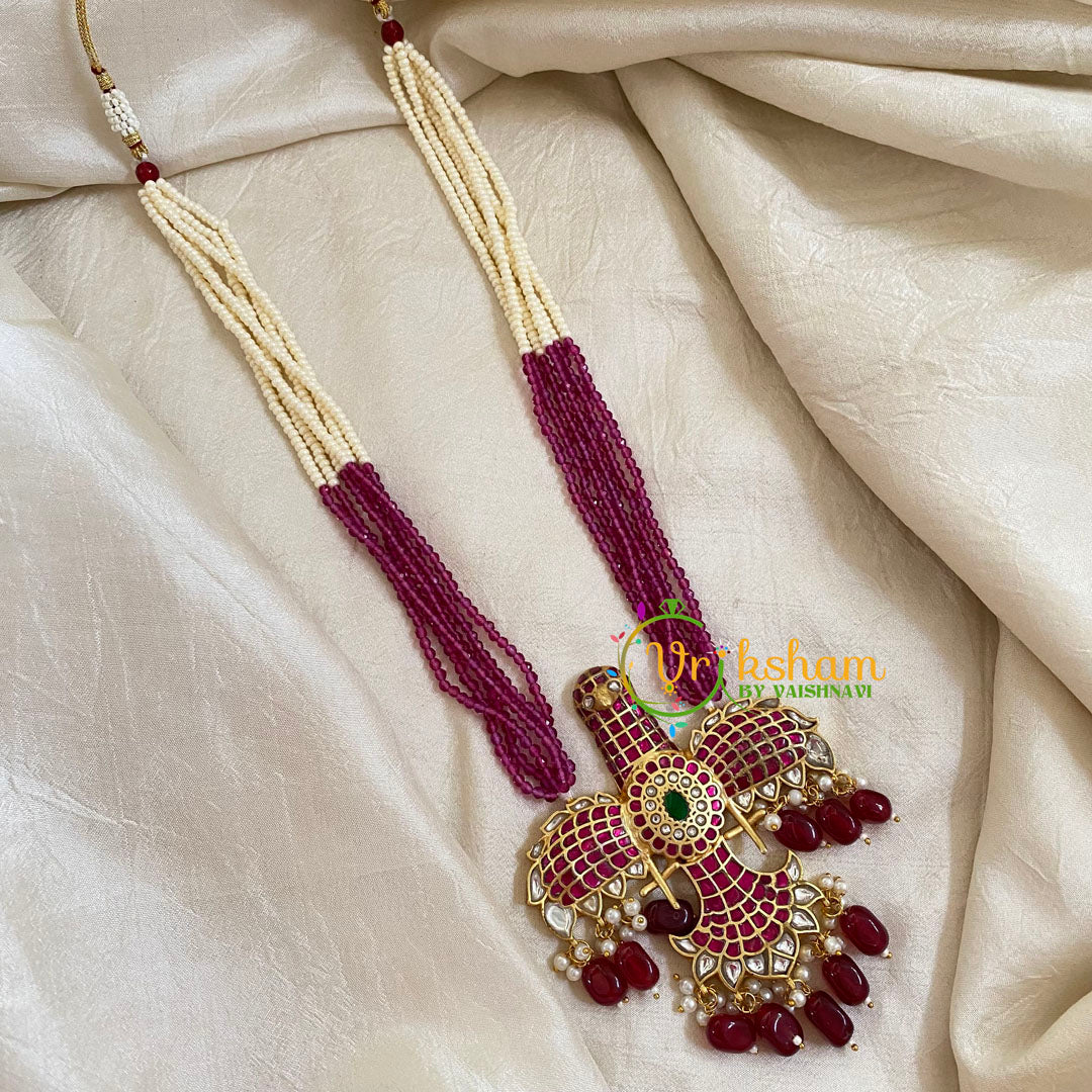 Half and Half Maroon Bead Jadau Kundan Pendant Mala -Garudan-J1664