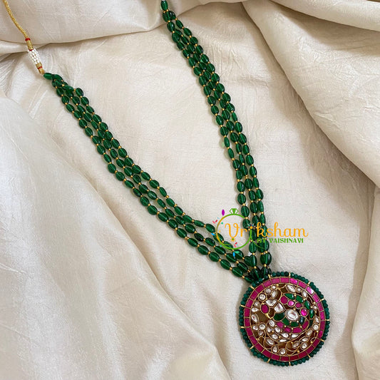 Dark Green Bead Jadau Kundan Pendant Mala -J1666