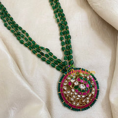 Dark Green Bead Jadau Kundan Pendant Mala -J1666