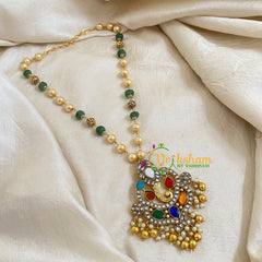 Single Strand Bead Jadau Kundan Pendant Mala-Navrathna Ganesh -J1667