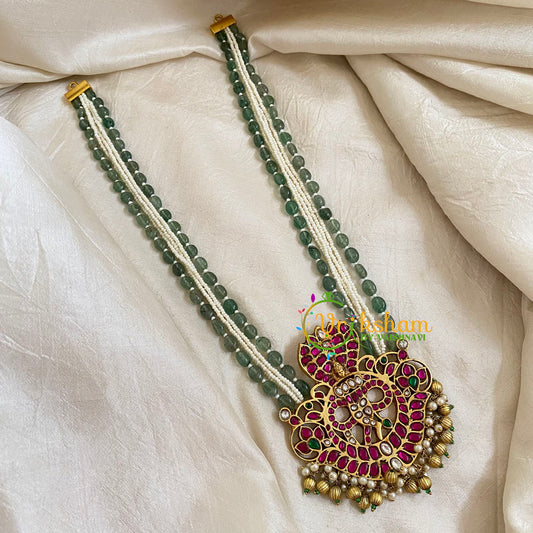 Pearl and Green Bead Jadau Kundan Pendant Mala -Nag-J1669