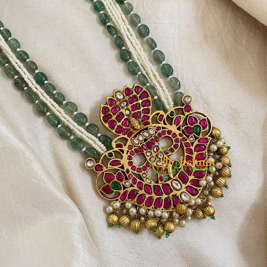 Pearl and Green Bead Jadau Kundan Pendant Mala -Nag-J1669