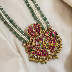 Pearl and Green Bead Jadau Kundan Pendant Mala -Nag-J1669