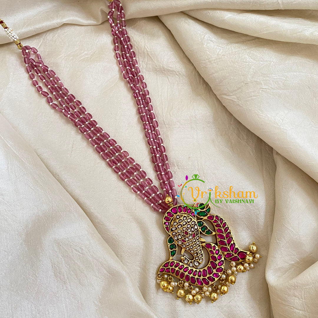 Pink Bead Jadau Kundan Pendant Mala -Ganesh-J1670