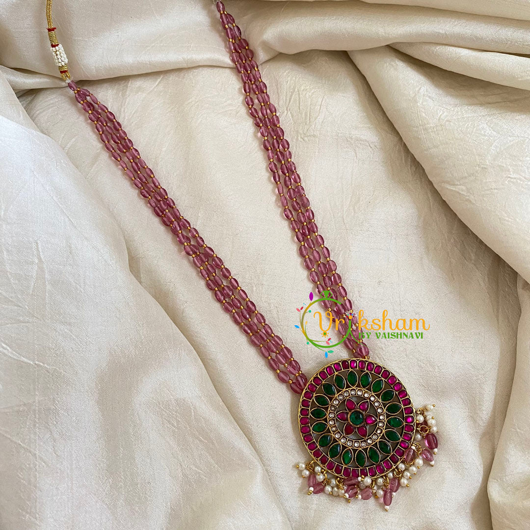 Light Pink Bead Jadau Kundan Pendant Mala -J1673