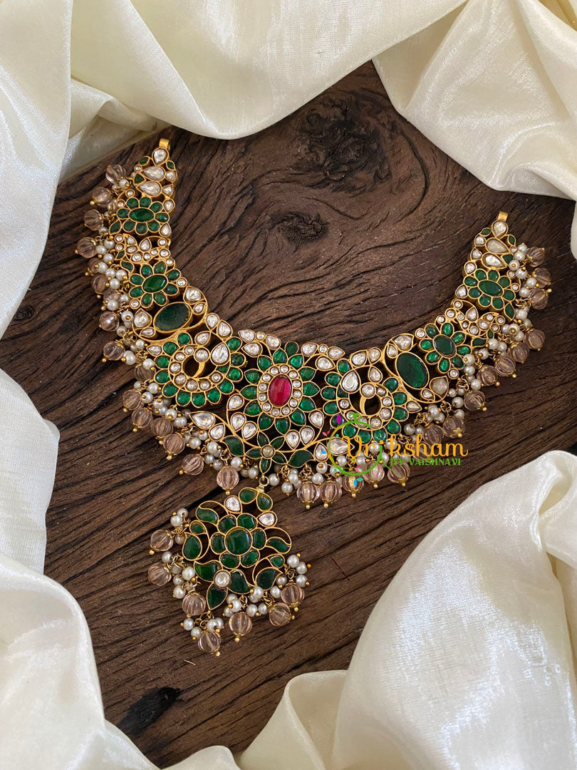 Green Precious Jadau Kundan Short Neckpiece-Pumpkin Beads-J1247