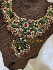 Green Precious Jadau Kundan Short Neckpiece-Pumpkin Beads-J1247