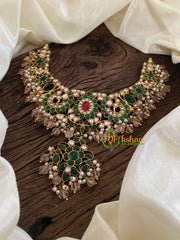 Green Precious Jadau Kundan Short Neckpiece-Pumpkin Beads-J1247