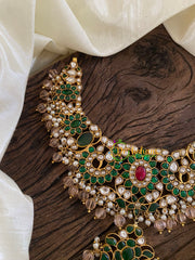 Green Precious Jadau Kundan Short Neckpiece-Pumpkin Beads-J1247