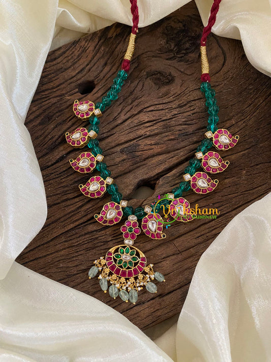 Green Bead Jadau Kundan Short Neckpiece-Maanga Neckpiece-J1249