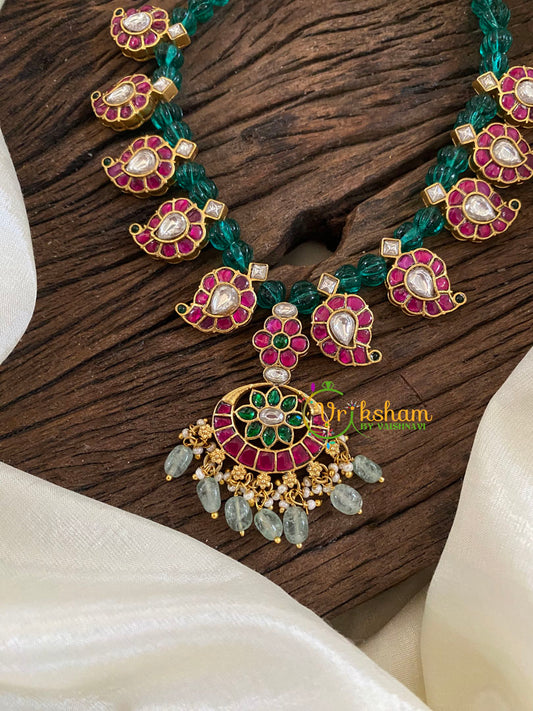 Green Bead Jadau Kundan Short Neckpiece-Maanga Neckpiece-J1249