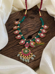 Green Bead Jadau Kundan Short Neckpiece-Maanga Neckpiece-J1249