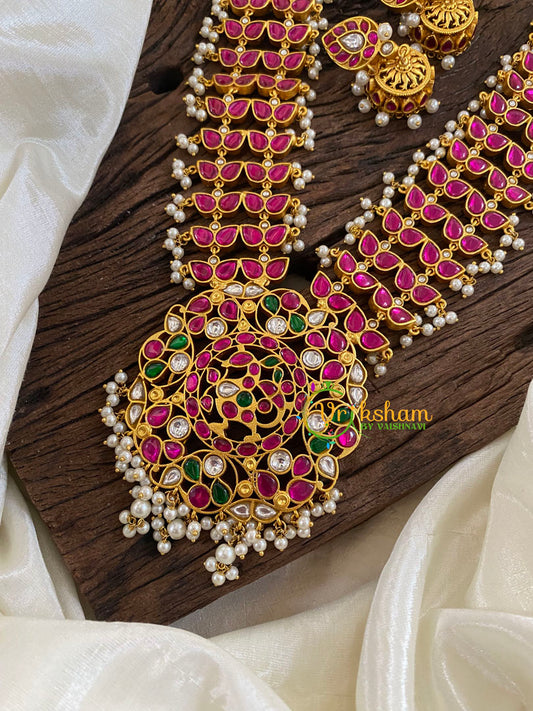 Precious Jadau Kundan Mid Length Neckpiece-Red-Pearl -J1261