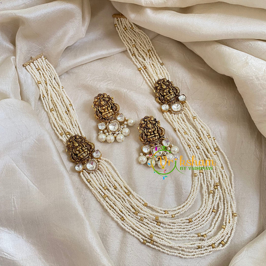 Layered White Bead Jadau Kundan Pendant Mala with Mogappu-Lakshmi -J1696