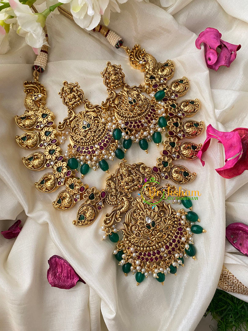 Traditional Lakshmi Pendant Maanga Peacock Neckpiece-Green Bead-G4449