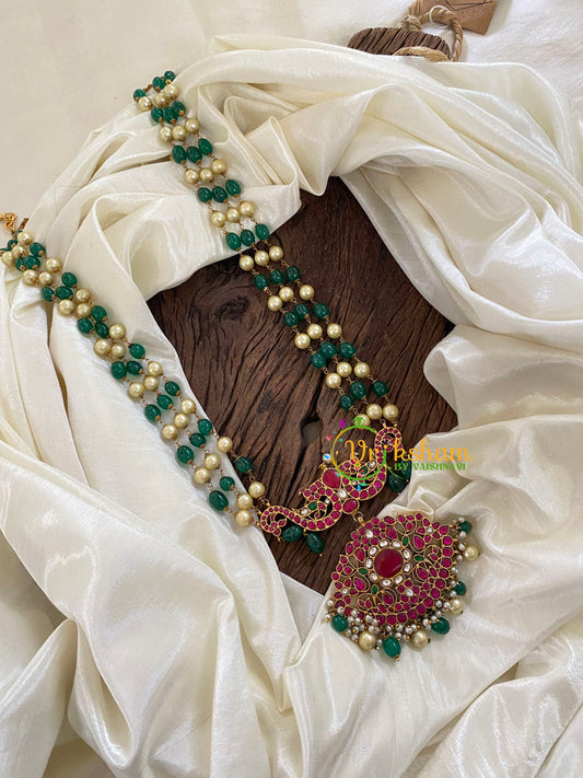 Exquisite Jadau Kundan Pendant Green Bead Mala-Rani Har-J1210