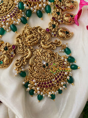 Traditional Lakshmi Pendant Maanga Peacock Neckpiece-Green Bead-G4449