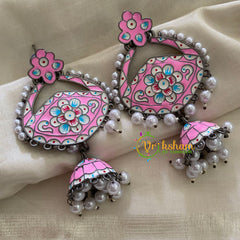 Silver Look Alike Meenakari Dangler Jhumkas-Eye-Pink-S331