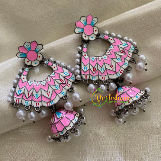 Silver Look Alike Meenakari Dangler Jhumkas-Fly-Pink-S332