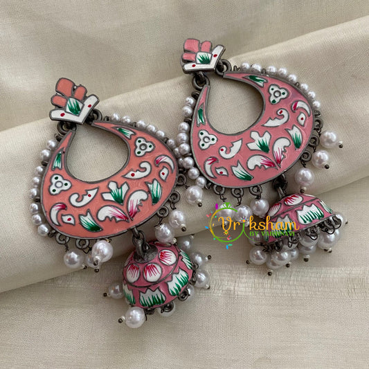 Silver Look Alike Meenakari Dangler Jhumkas-Orangish Pink-S339