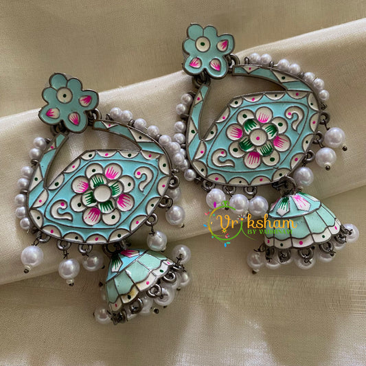 Silver Look Alike Meenakari Dangler Jhumkas-Green and Blue-S336