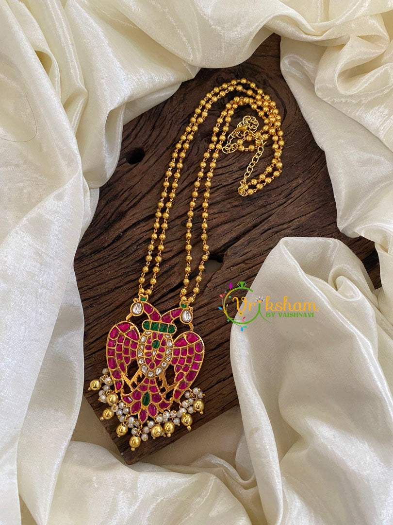 Exquisite Jadau Kundan Pendant Mala-Dual Peacock-Gold Bead Pearl-J1238