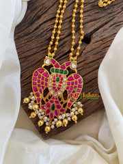 Exquisite Jadau Kundan Pendant Mala-Dual Peacock-Gold Bead Pearl-J1238