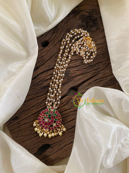 Exquisite Jadau Kundan Pendant Pearl Mala-Peacock-J1235