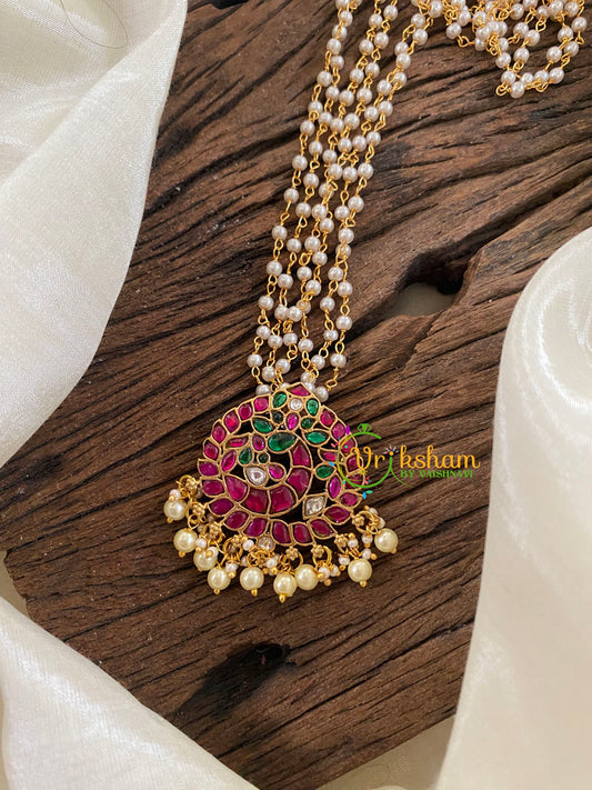 Exquisite Jadau Kundan Pendant Pearl Mala-Peacock-J1235