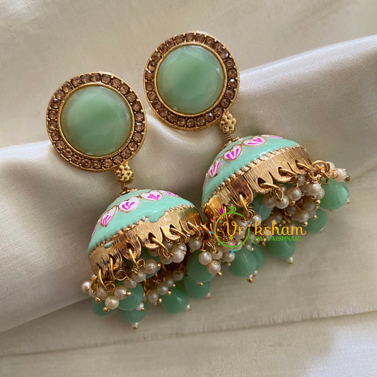 Pastel Green Meenakari Jhumkas-Hand painted-Round Stud-G3702