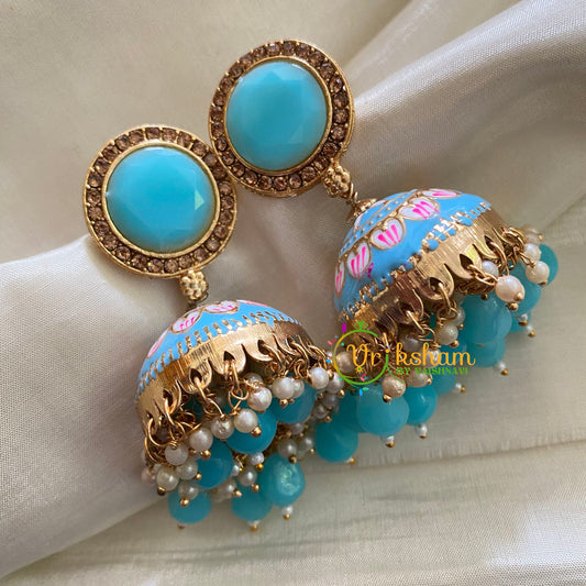 Light Blue Meenakari Jhumkas-Hand painted-Round Stud-G3705