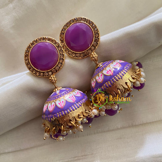 Violet Meenakari Jhumkas-Hand painted-Round Stud-G3703