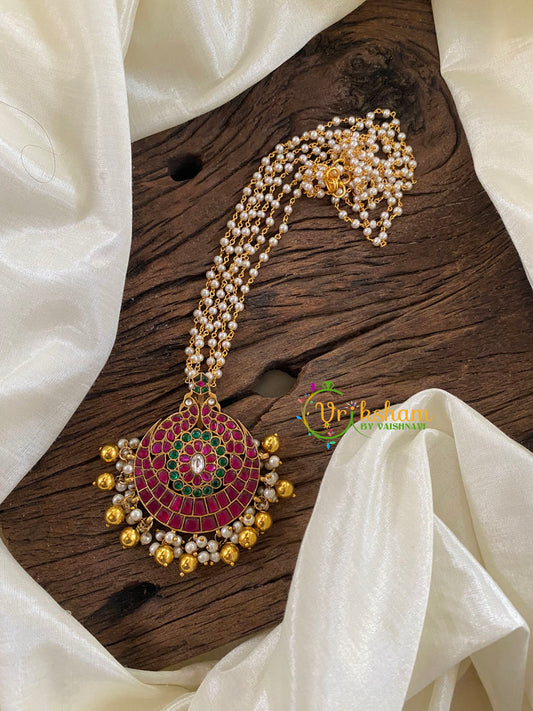 Exquisite Jadau Kundan Pendant Pearl Mala-Gold Bead Pearl-J1234