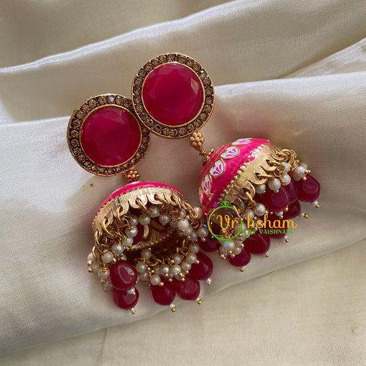 Hot Pink Meenakari Jhumkas-Hand painted-Round Stud-G3706