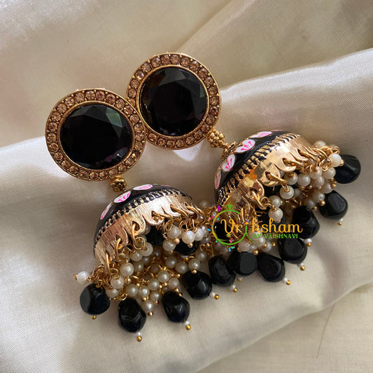 Black Meenakari Jhumkas-Hand painted-Round Stud-G3707