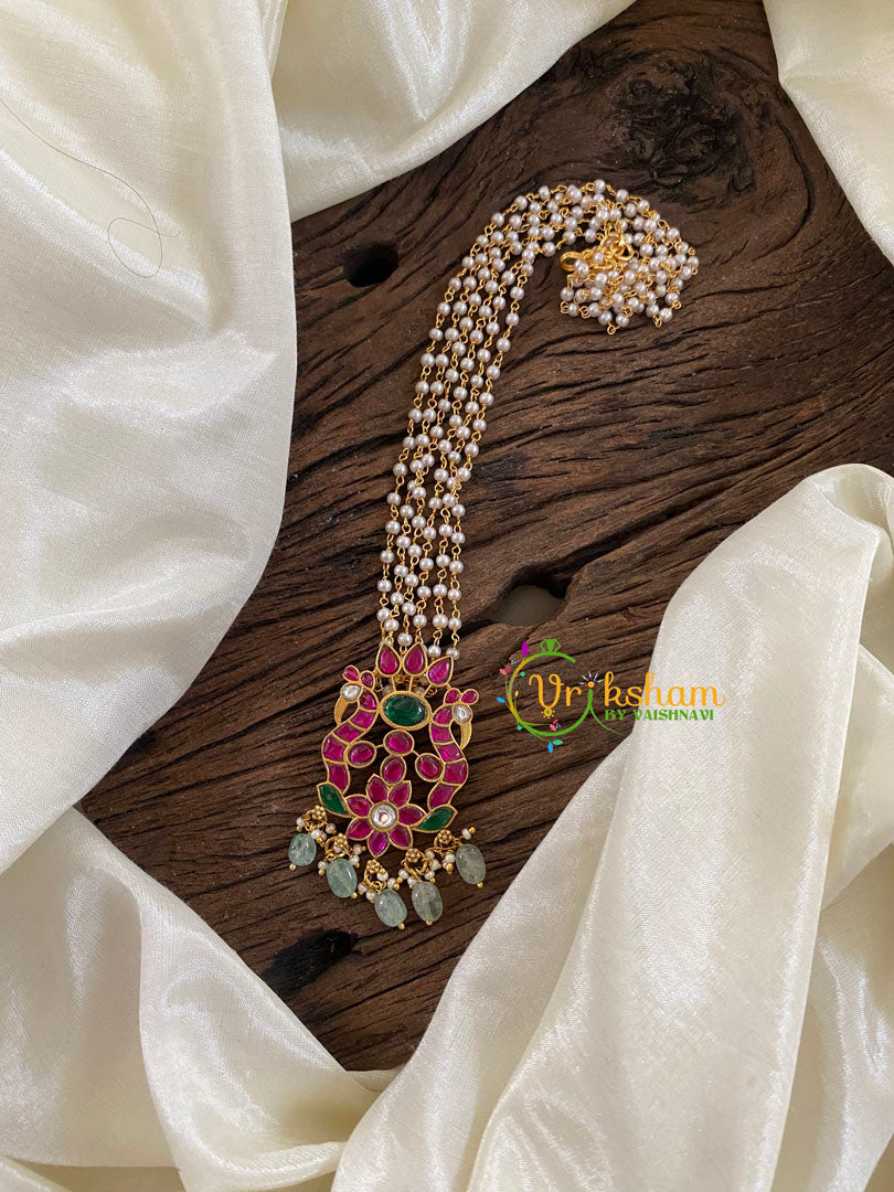 Exquisite Jadau Kundan Pendant Pearl Mala-Dual Peacock-J1233