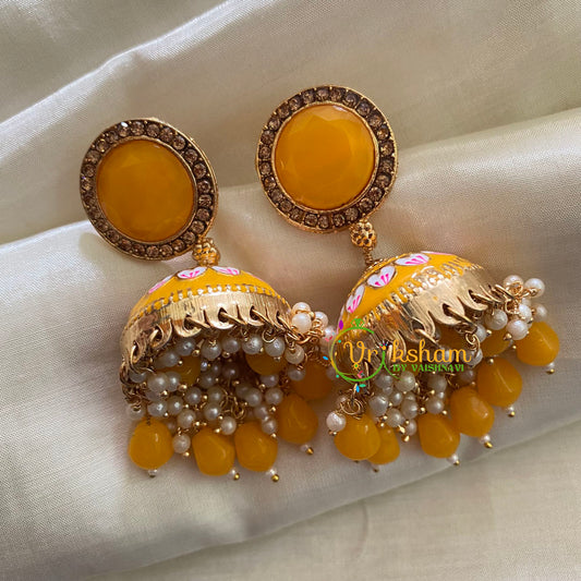 Yellow Meenakari Jhumkas-Hand painted-Round Stud-G3708