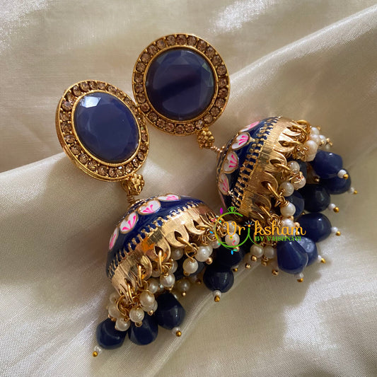 Blue Meenakari Jhumkas-Hand painted-Round Stud-G3710