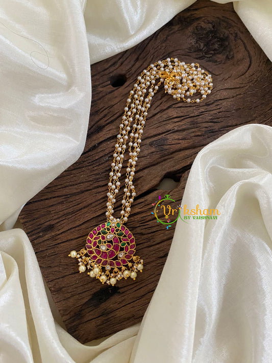 Exquisite Jadau Kundan Pendant Pearl Mala-Peacock-J1232